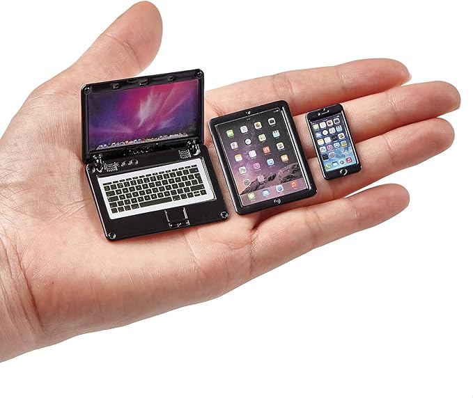 Dollhouse Furniture Accessories Laptop, 1/12 Scale 1/6 Scale Miniature Phone Tablet Mini Stuff Things Doll House Mini Play Set Accessories 3 Pcs(Black)