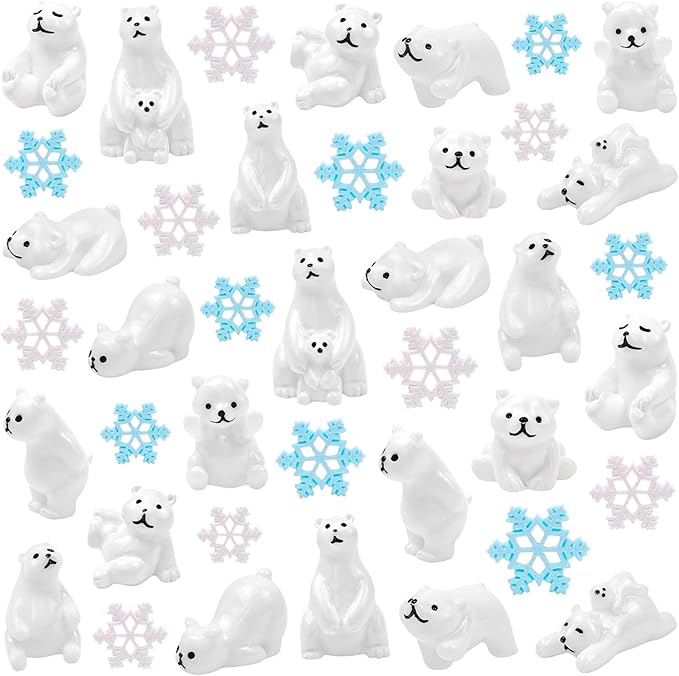 40 Pcs Mini Resin Polar Bear Figurines with Snowflakes Tiny Little Winter Resin Animal Miniature Figures for Holiday Crafts Garden Micro Landscape Home Table Decor