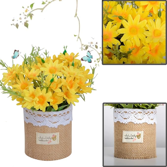 XONOR Artificial Flowers - Set of 4 Mini Fake Potted Silk Daisy Flowers for Home Decor Wedding Office Tabletop Decoration