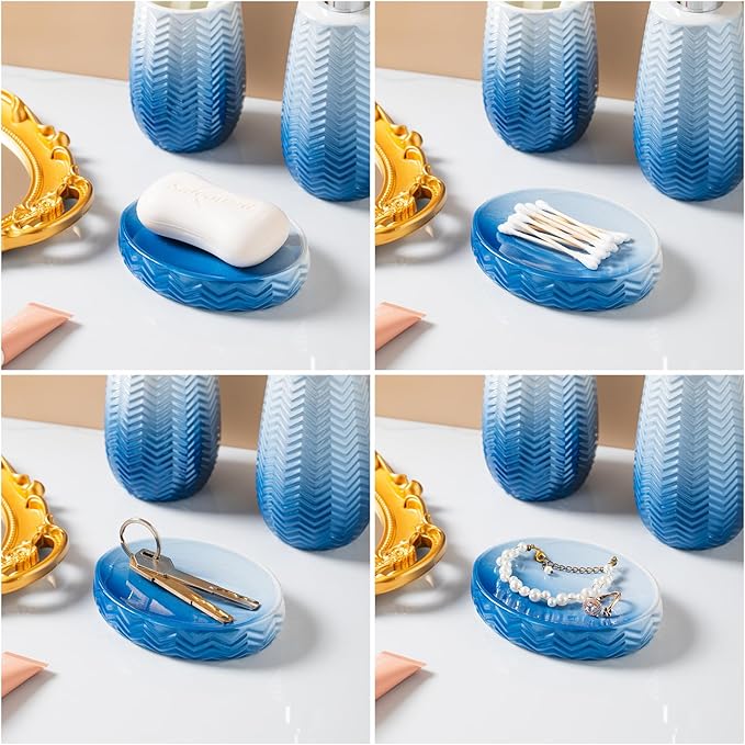 Blue Bathroom Accessories Set, 3 Pcs Ceramic Bathroom Decor Contain Toothbrush Holder,Soap Dispenser, and Soap Dish.