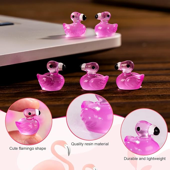 110 Pcs Luminous Mini Resin Flamingos Tiny Flamingos Miniature Flamingos Figures Glow in The Dark for DIY Garden Dollhouse Flamingos Accessories Micro Landscape Aquarium Party Deco