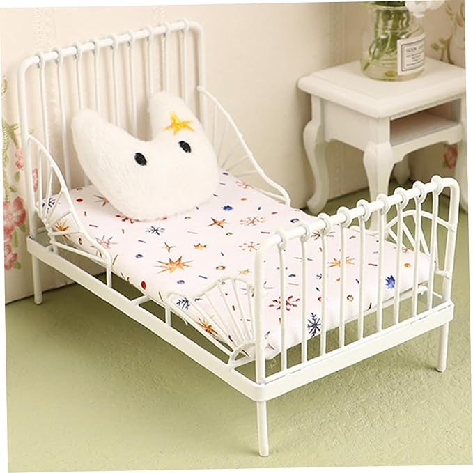 Star Pattern Dollhouse Bed 1:12 Scale, Metal Miniature Furniture with Pillow, Dollhouse Bedroom Accessory Set