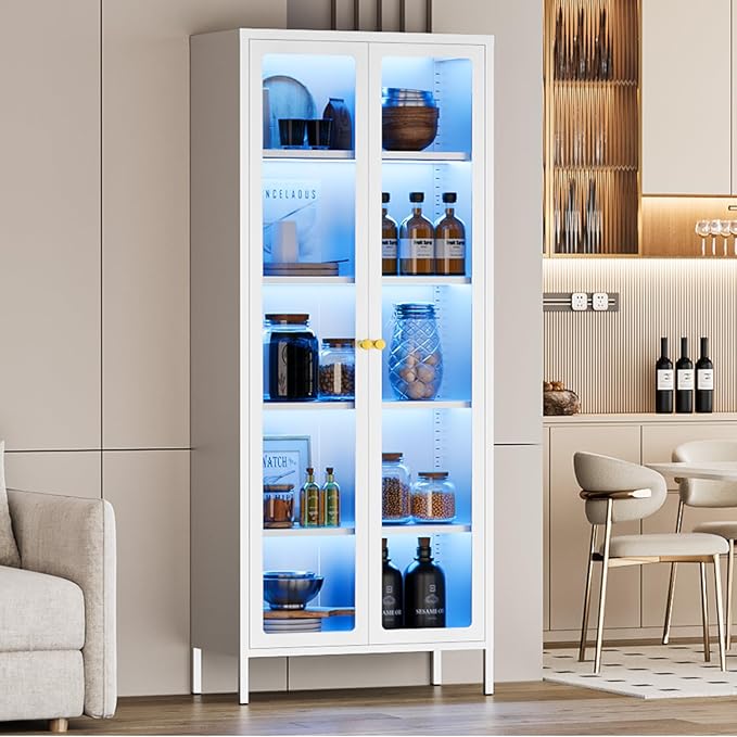 5-Tier Display Cabinet with 13-Color Light, 67" Tall Bookcase Bookshelf with Glass Doors & Adjustable Shelves, Metal Storage Cabinet Display Case for Collectibles Curios Trophies - White