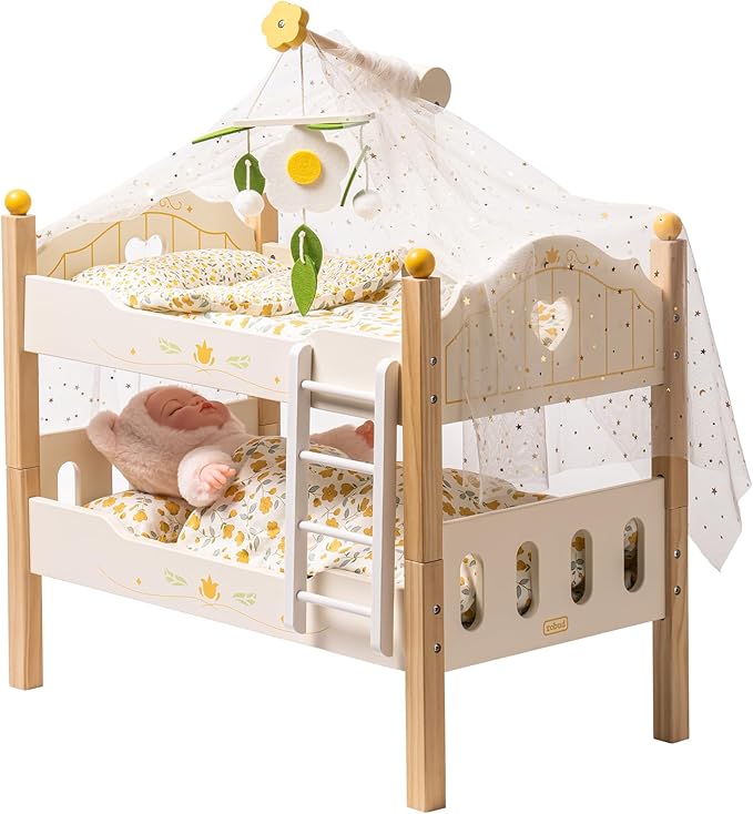 ROBUD Baby Doll Crib, Wooden Baby Doll Beds for 20 Inch Dolls, Baby Doll Bunk Beds with Tulle, American Girl Doll Bed for Gifts, WRP12