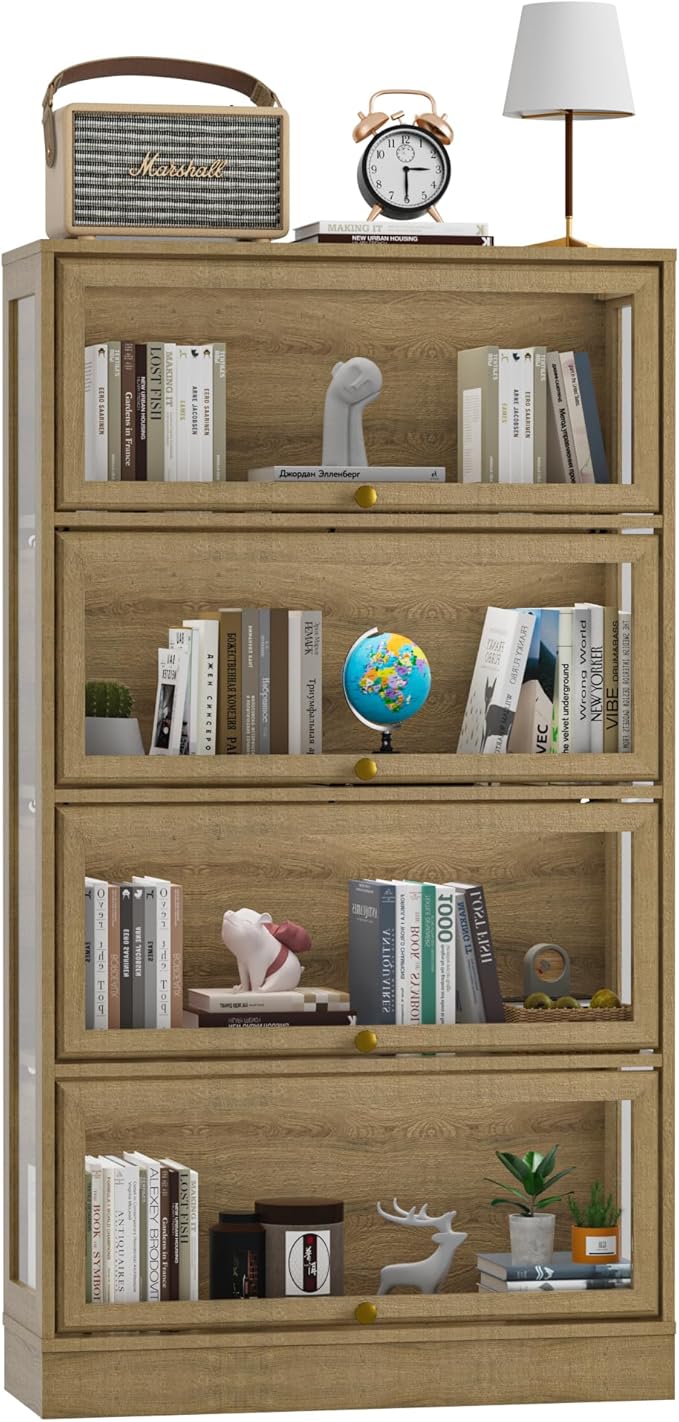 Display Cabinet with Acrylic Glass Doors,4-Tiers Curio Cabinet with LED Lighting for Collectibles, Collectibles Toy Organizers Rack & Display Shelf Display Case Storage Cabinet, Nature