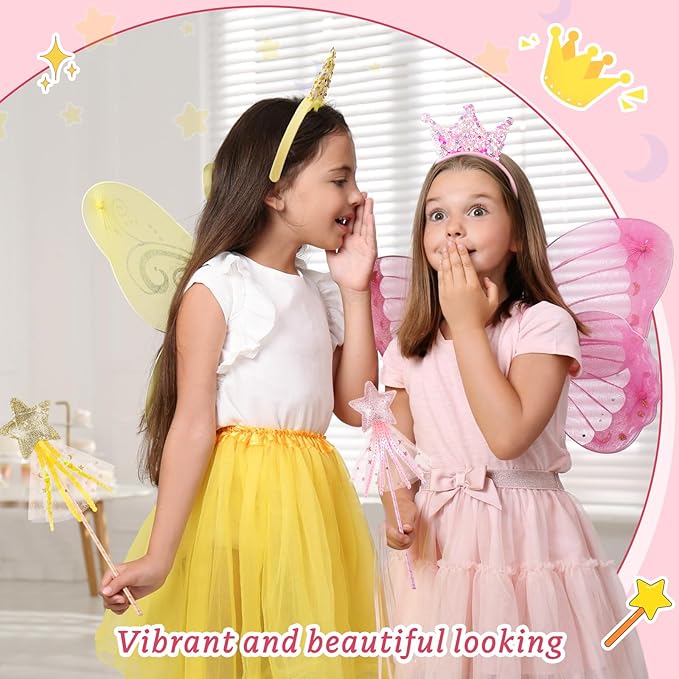 Hollowfly 24 Pcs Princess Party Favors Including 12 Glitter Star Fairy Wands and 12 Sequin Princess Crown Headbands for Girls Birthday Party Gifts