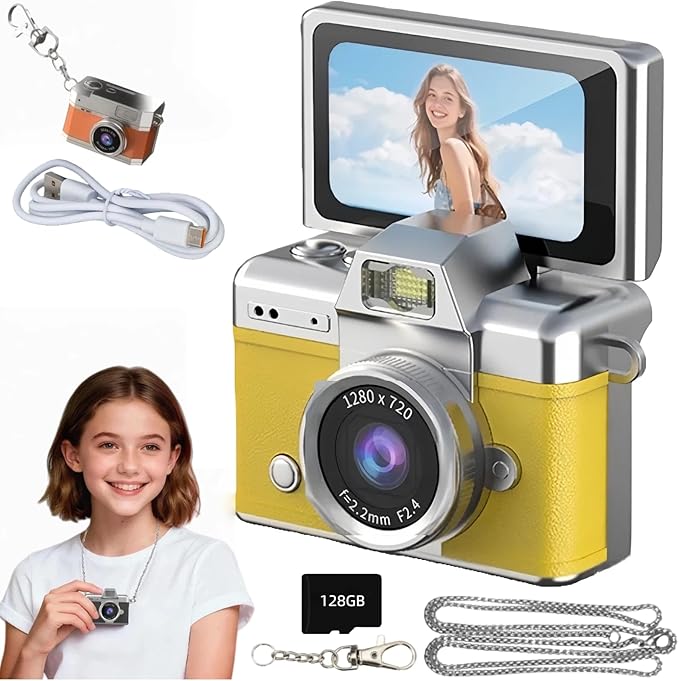 Mini Digital Camera Keychain Retro Mini Digital Video Camera Small 1080P FHD Recording with 0.96" IPS Screen with 6 Retro Filters AVI Format-Ideal for Phone Transfer (128GB, Yellow)