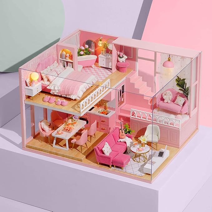 TuKIIE DIY Miniature Dollhouse Kit with Furniture, 1:24 Scale Creative Room Mini Wooden Christmas Doll House Accessories Plus Dust Proof & Music Movement for Kids Teens Adults(Warm Moments)