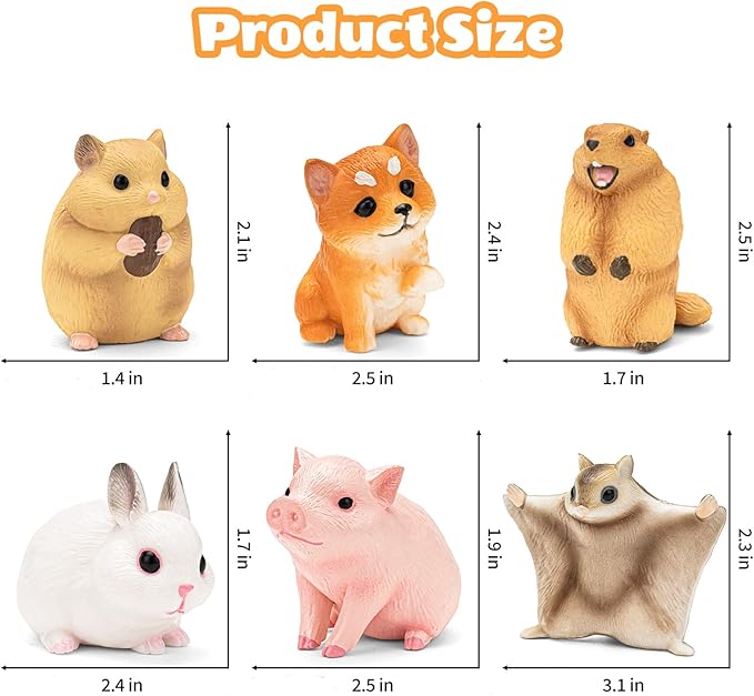 6PCS Animal Toys for Toddlers, Sensory Toys Cute Farm Animal Figures Pocket Pets Toys for Kids Includes Dog, Rabbit, Hamster, Pig Figurines Cake Toppers Birthday Gifts for Preschool Kids