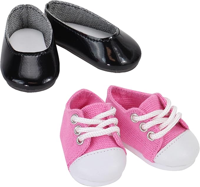 Sophia's Shoes Pack Set Includes Dressy Black Faux Patent Leather Flats and Pink Canvas Sneakers with Laces for 14.5" Dolls