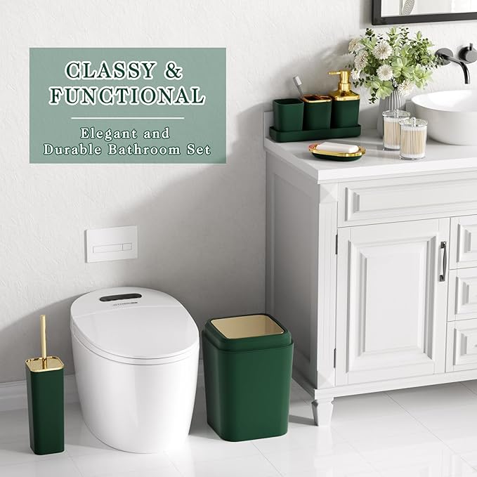 XLHOMO Dark Green Bathroom Accessories Set, Green and Gold Bathroom Accessories with Trash Can, Soap Dispenser, Soap Dish, Toothbrush Holder and Q-tip Holders
