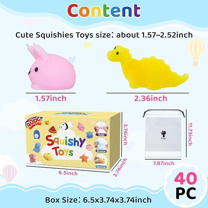 40 Pack Mini Kawaii Animal Squishy Toys, Party Favors for Kids 8-12 Fidget Toys Stress Relief Treasure Box for Classroom Prizes Goodie Bags Fillers Birthday Gifts Christmas Stockings Pinata Stuffers