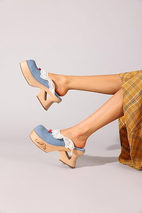 kuoco Handmade Swedish Wood Mules for Women Platform Low Heel Wooden Clogs Mules Open Back Faux Leather Clogs