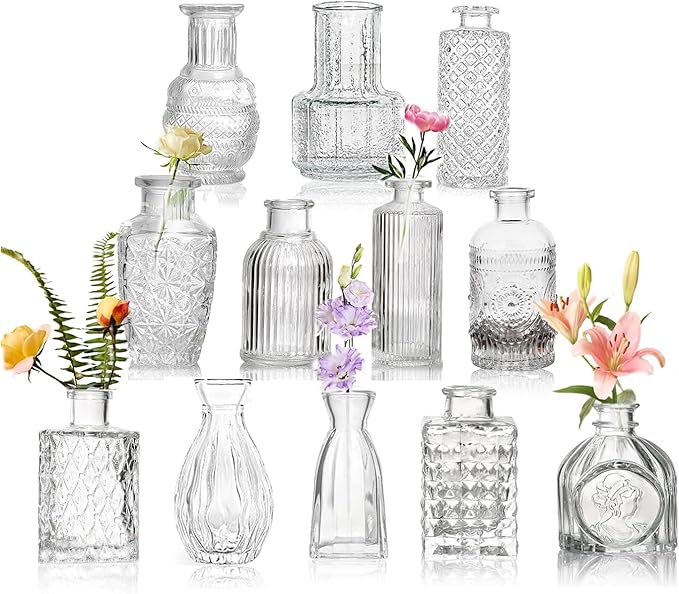 Bud Vases Set of 12 Pcs, Mini Glass Vases for Flowers, Vintage Vase for Centerpieces, Small Flower Vase Design for Wedding Home Flower Party Decor