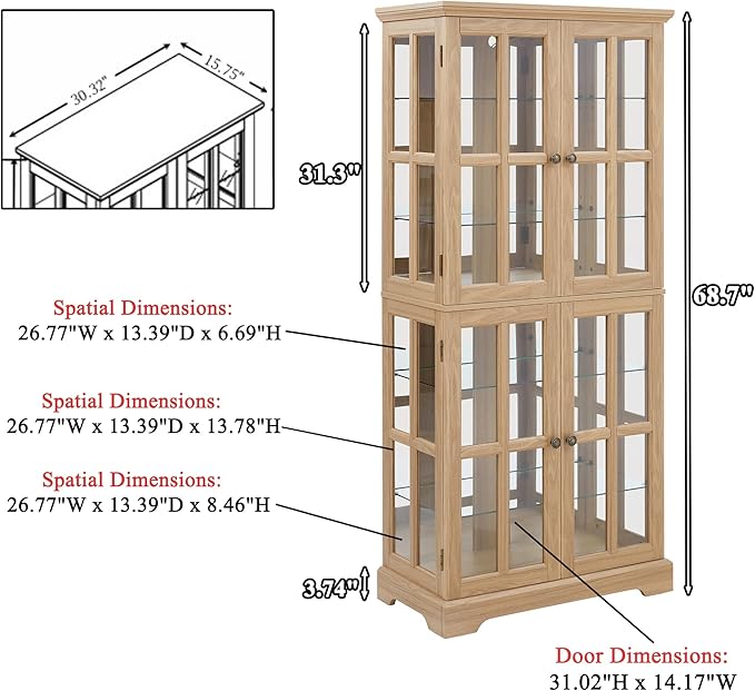 68" H Glass Curio Display Cabinet with Light, 6-Tier Wooden Storage Showcase w/ 4 Glass Doors & Adjustable Shelves, Vintage Accent Cabinet w/Mirrored Back Pane for Home & Office (Oak)