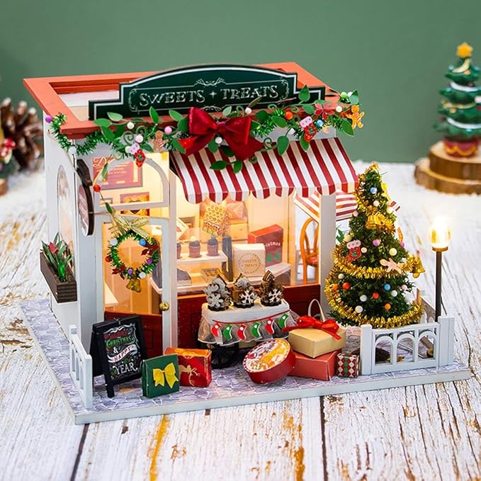 DIY Miniature House Kit for Adult and Teens, Christmas Candy House Building Kit for Family and Friends, Mini Wooden Dollhouse Kit for Halloween Christmas Birthday Gifts