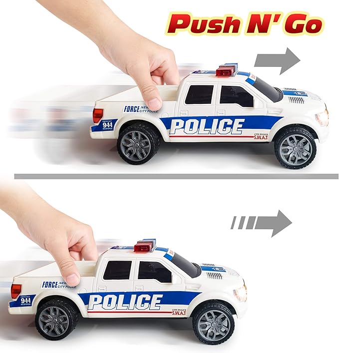 ArtCreativity Police Car Toy, Pickup Truck Toy with LED Headlights and Sirens, Friction Powered, 1:20 Scale Police Car Toys for Boys 3-5, Police Toys Monster Trucks, Toy Trucks for Kids Birthday Gift