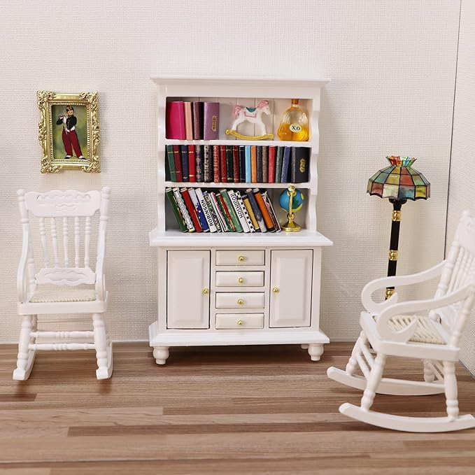 1:12 Scale Miniature Cupboard Bookshelf Classic Wooden Mini Storage Hutch Kitchen Dollhouse Bookshelf Wood Cabinet 1:12 Furniture Display Showcase Decoration Sideboard Accessories (White)