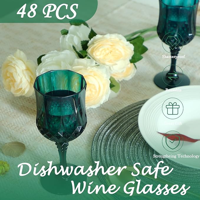 LEYIQU Plastic Wine Glasses, Plastic Goblets Vintage Style Cordial Drinking Glasses for Valentine’s Day, Wedding Reception, Grand Event Party Supplies (48, Green)
