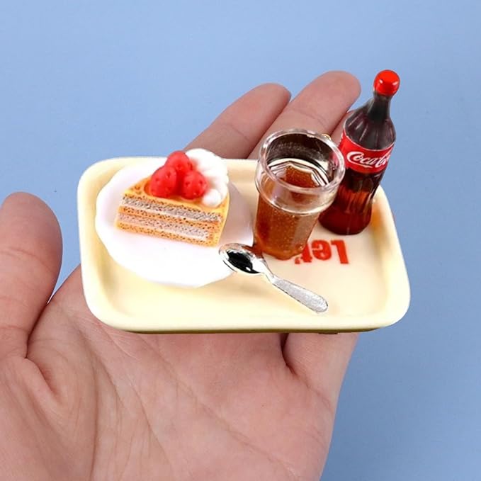 6-Piece Happy Afternoon Tea Miniature Set – Dollhouse Kitchen Accessories, Includes Tray, Soda, Cake, Plate, Spoon, Perfect for Pretend Play, Miniature Food Set for Dollhouses and Play Kitchens