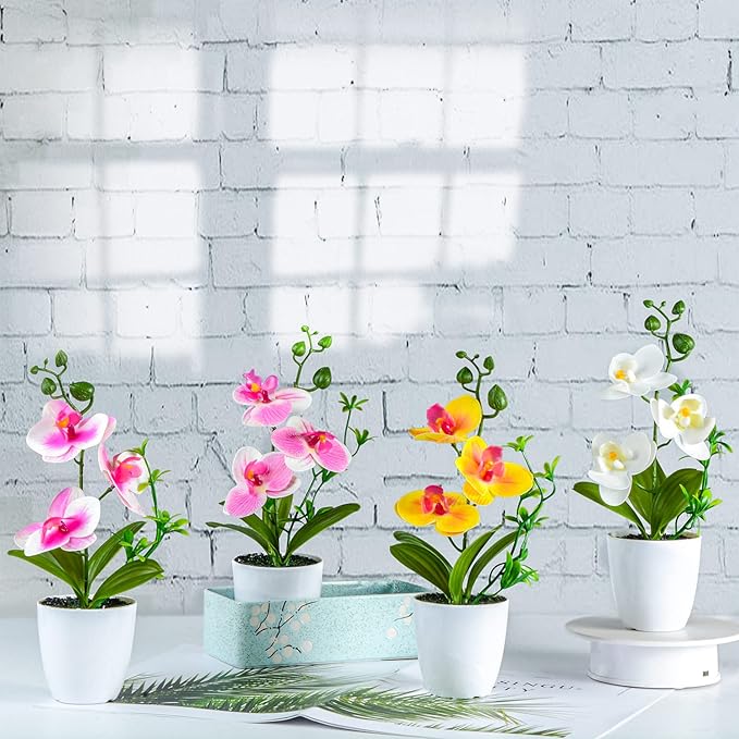 XONOR 4Pcs Artificial Orchid Flowers Mini Potted Orchid Flowers Fake Orchids with Plastic Vase for Home Office Wedding Table Centerpiece Decoration(White,Yellow,Pink,Light Pink)