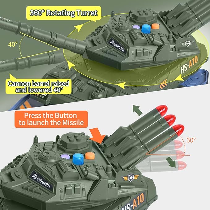 6-Piece Die-Cast Army Tank Set for Boys 3-6, with 8 Soldier Figures, Military Toys with Light & Sound, Launchable Missile Tanks