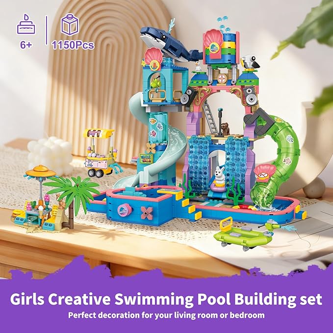 1150Pcs Friends Water Park Building Set, STEM Summer Fun Party Toy with Swimming Pool Slides,Water Canons,Diving Platform,Animal, Pretend Play Kit for kids, Birthday Gifts for Girls Ages 6-12+