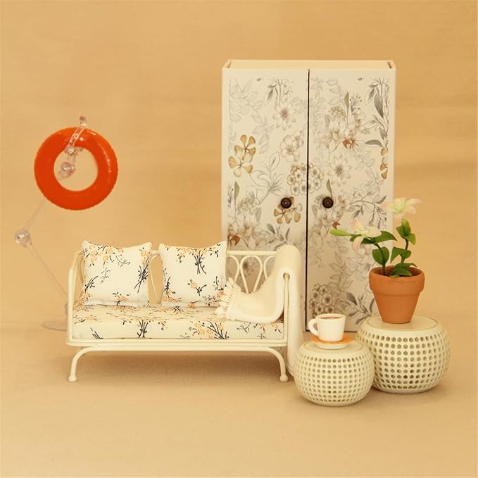 Doll House Sofa Set; Iron Frame Miniature Living Room Furniture; Detachable Washable Fabric Cushions for Creative Room Decoration.