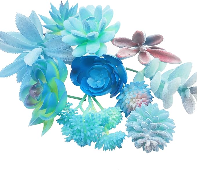 Woohome 10 PCS Artificial Succulent Plants, Blue Fake Succulent, Unpotted Faux Succulent Assortment in Flocked Blue in Different Type for Birthday Home Decor Indoor Wall Garden DIY