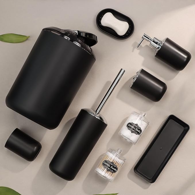 IMAVO Bathroom Accessories Set,Black Bathroom Set,9 Pieces Bathroom Accessory Set,Tray,Qtip Holders,Toilet Brush,Trash Can for Bathroom Décor and Home Gifts