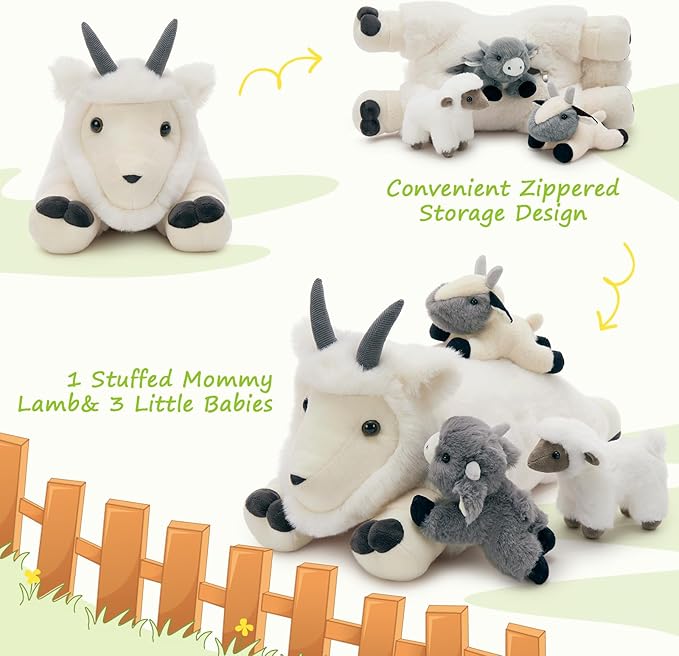 4Pcs Giant Goat Plush Toy, 17.7" Soft Mother Goat Stuffed Animal with 3 Cute Baby Goat Plushies, White Goat Body Pillow for Kids, Cuddly Stuffed Farm Aniaml Toy Gift for Christmas Birthday