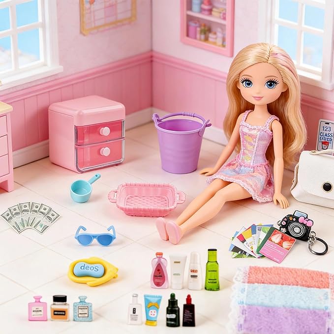118Pcs Dollhouse Mini Jewelry Storage Case Cosmetic Hand Bag Towel Bathroom Set Accessories Toothbrush Shampoo Purse Decor Doll Backpack Girl Micro Scene Ature Makeup Shoes Glasses Money Mask DIY
