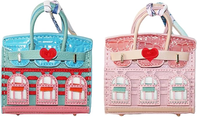 Buyborgood Women's 2 PCS Mini Tote Bag Charms Keychain Pouch Small Coin Purse Wallet (Blue + Pink)