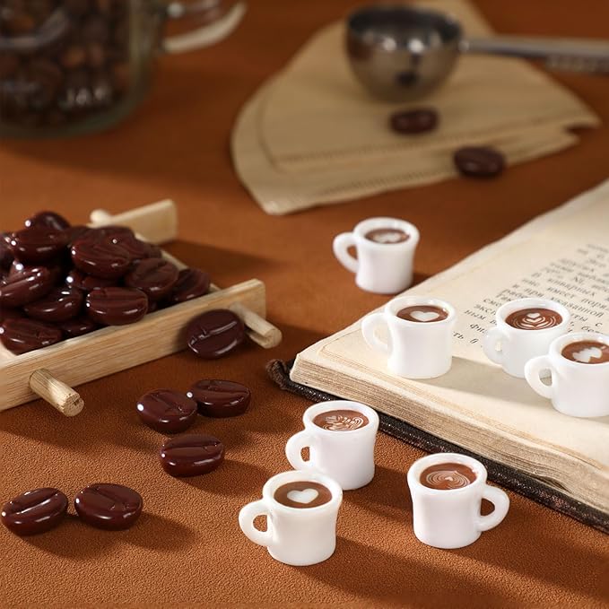 Soaoo 100 Pcs Coffee Cups and Beans Mini Resin Figurine Miniature Statues Things Mini Coffee Mug Drink Charms for DIY Jewelry Necklace Earring Bracelet Keychain Craft Decor