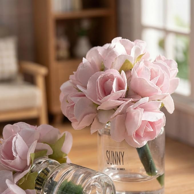 2Pcs 1:12 Scale Glass Vase with Flowers Set, Decorative Accessories for Mini Scene, Mini Decoration Dollhouse Décor