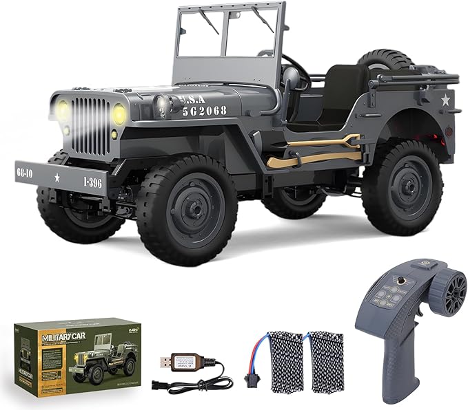 RC Crawlers, 1:10 Scale D888 Willys Military Jeep, 2.4Ghz 4WD Off Road Rock Crawler with Lights, Removable Accessories All Terrain RC Jeep Toy for Adult Teens-Upgradable (2 Batteries)