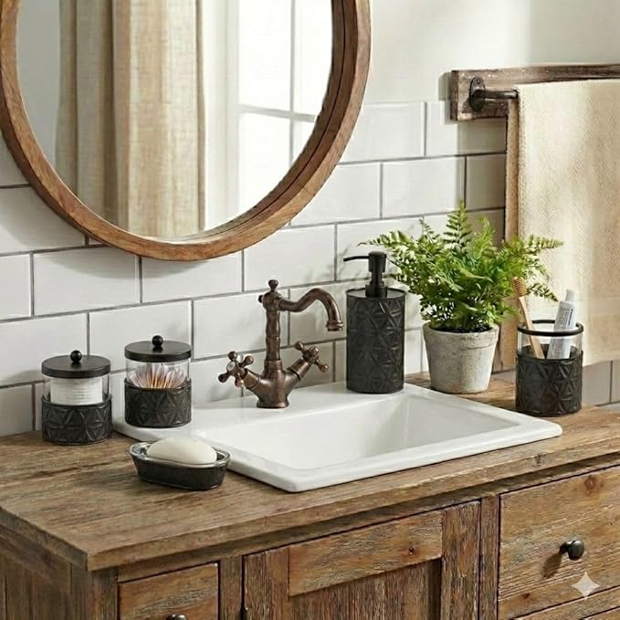 Autumn Alley Black Bathroom Accessories Set, 5 Pieces, Bathroom Decor - Black Soap Dispenser Bathroom Lotion Dispenser, Metal Toothbrush Holder, 2 Glass Apothecary Jars (Qtip Holder), Soap Holder