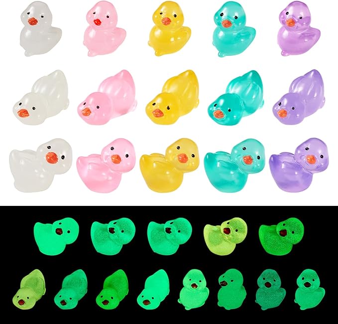 Beadthoven 60pcs Luminous Mini Resin Duck, Glow in The Dark Duck Animals Dollhouse Figurine Assorted Colorful Cute Cabochons Small Glowing Figure DIY Charms Ducks Garden Craft Landscape Ornaments