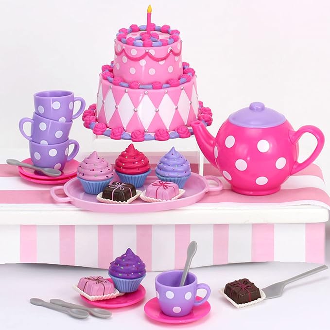 Sophia's Complete Cake & Tea Party Accessories Set with Teapot, Teacups, Utensils, Pretend Dessert and Drinks for 18" Dolls, Pink/Purple