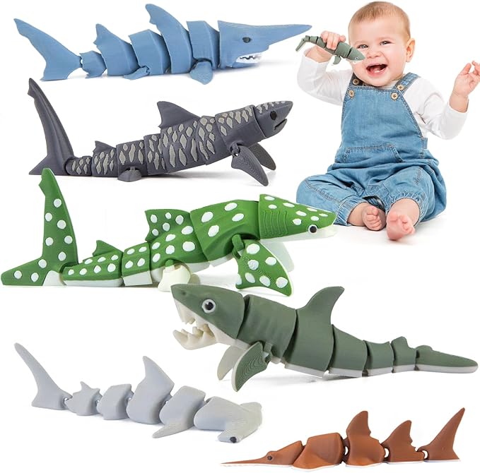 6PCS 3D Printed Shark Figurines Toys for Kids Toddlers, Realistic Ocean Sea Animals Bath Toys Fidget Toys Cake Toppers Shark Party Decorations Christmas Birthday Gift for Boys Girls