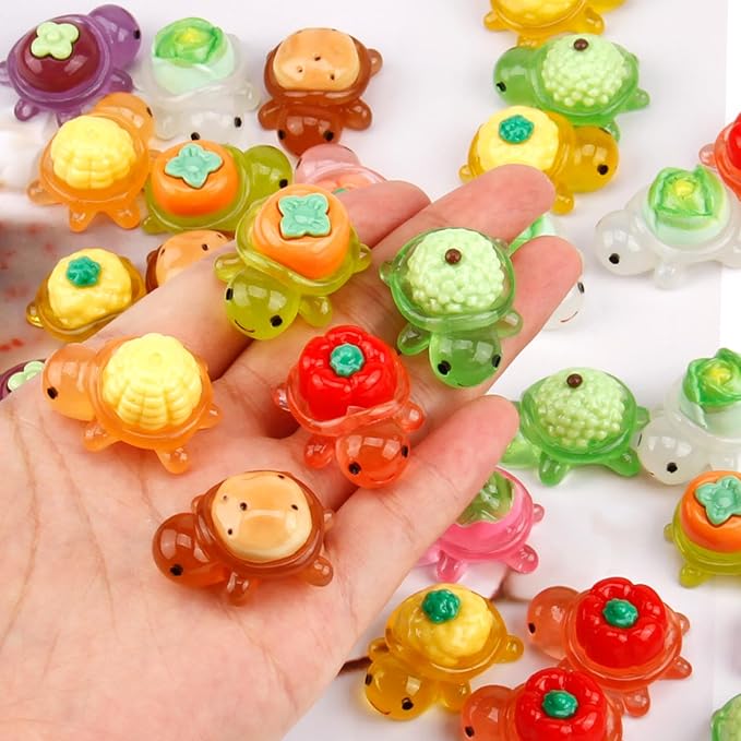 Mini Resin Turtle Figurines, Glow in The Dark Whimsical Fruit Vegetable Turtle Figures, Mini Plastic Sea Animals for Hide and Seek (50 Pcs Big)