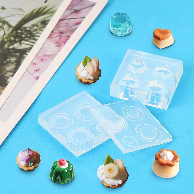 2Pcs Mini Pudding Mini Trays Shape Resin Silicone Molds 3D Tiny Tart Holder Epoxy Casting Molds for DIY Micro Resin Dollhouse House Kitchen Miniatures Landscape Decor