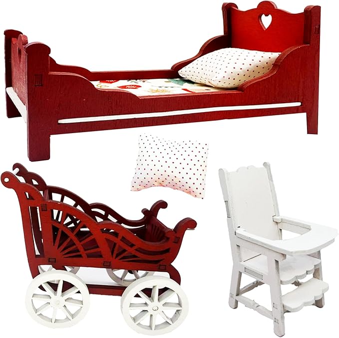 Miniature Dollhouse Furniture Set, Red and White Wooden Nursery Room Accessories with Bed, Chair, Carriage, 1/12 Scale, 5 Piece Holiday Decor (5)