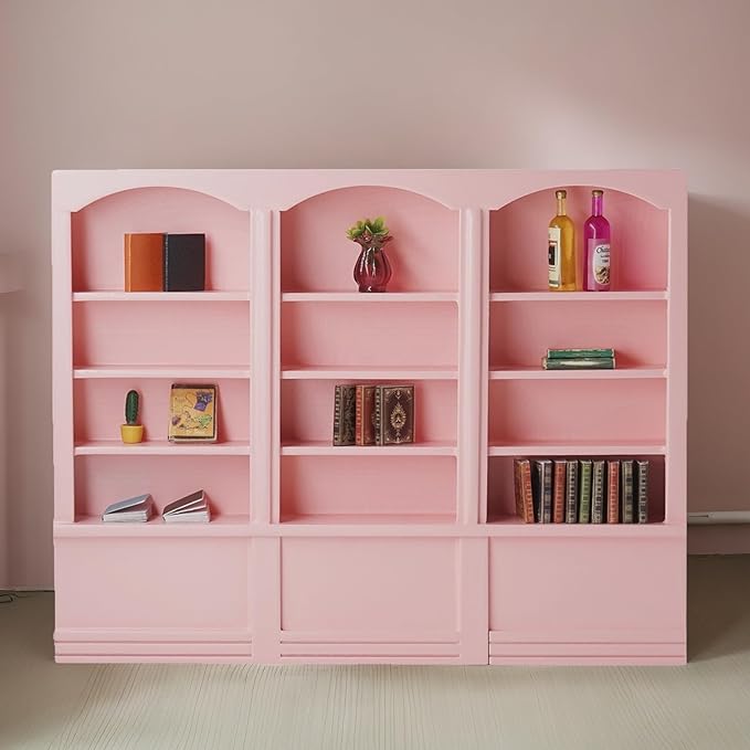 Odoria Dollhouse Bookcase Shelf Miniature: 1/12 Scale Bookshelf for Books Library School Office Modern - Mini Wall Display Cabinet Storage Shelving - Tiny Wood Furniture Cute Pink