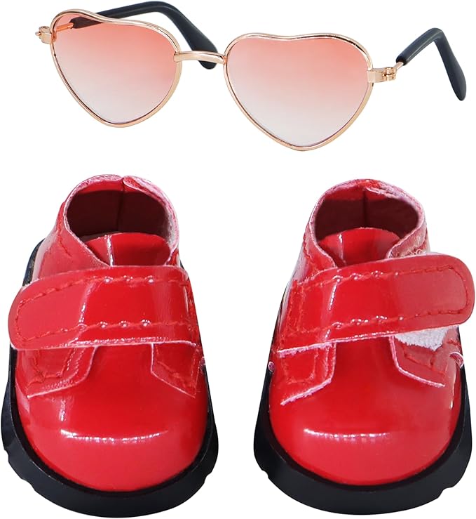 Suitable for 17cm Doll Trendy Small Leather Shoes Paired with Heart Shaped Sunglasses Cute Outfit Two-Piece Set (Brilliant red)