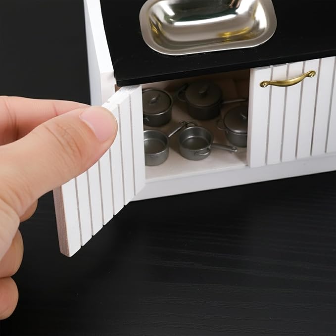 Doll House Kitchen Cabinet - 1/12 Scale Miniature Mini Table with Stove Sink Cabinet, Mini Wooden Dining Room Furniture Accessories, Decoration for Dollhouse Accessory