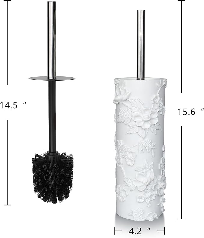 Indecor Home White Floral Branches Design Resin Toilet Bowl Brush and Holder Set, Elegant Bathroom Cleaning Tool with Durable Bristles, Compact and Functional