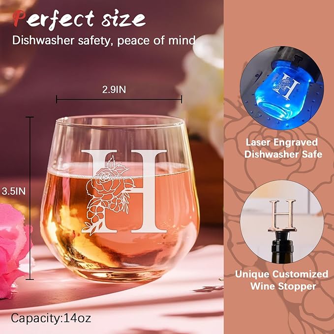 Personalized Gifts for Women, Monogrammed A-Z Wine Glass Customized Gift, Unique Christmas Birthday Gifts for Women Her Mom Friend Sister Wife Daughter Nurse - Dishwasher Safe (H)