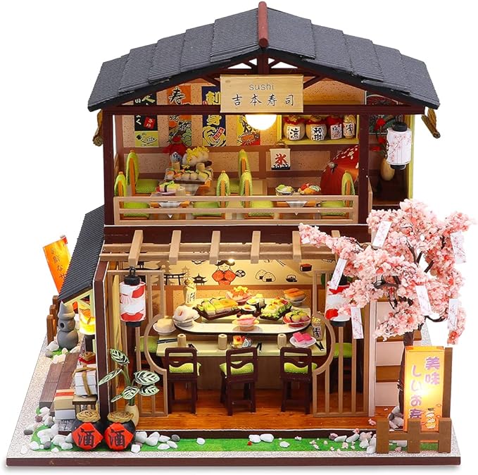 GuDoQi DIY Miniature Dollhouse Kit, Tiny House kit with Furniture, Miniature House Kit 1:24 Scale Japanese Style Shop, Great Handmade Crafts Gift for Birthday Christmas Day