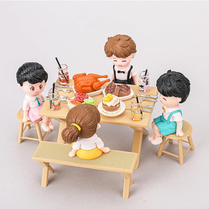 1/12 Scale Mini Realistic BBQ Grill and Picnic Table Model Set, Food-Play Props, Prentend-Play Accessory Set (Table and Chair + Grill + Figure + Food Items)